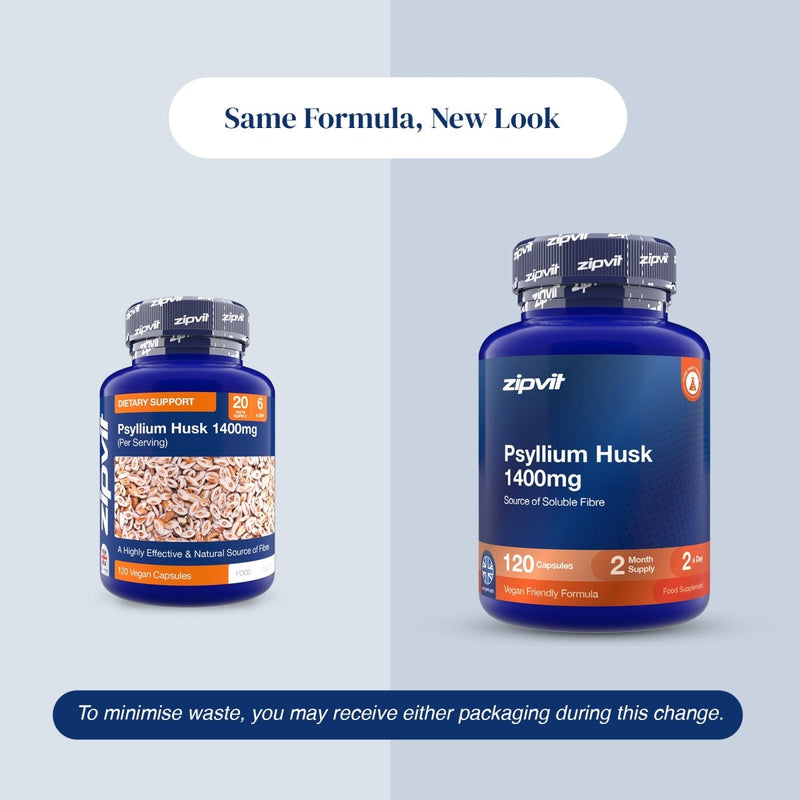 Two blue supplement bottles of zipvit Psyllium Husk 1400mg shown on a split light gray background with the headline 'Same Formula, New Look' and a note about minimizing waste.