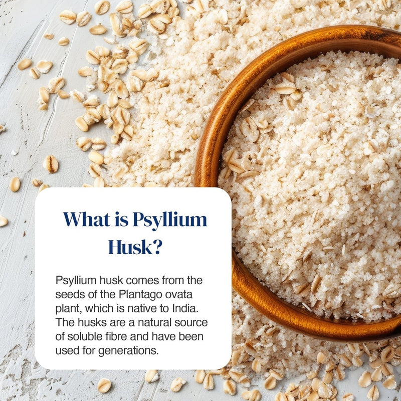 A wooden bowl filled with coarse psyllium husk sits on a light textured surface with scattered psyllium seeds. A white text box on the left reads, 'What is Psyllium Husk?' with descriptive text below.