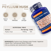 Blue bottle of Psyllium Husk 1400mg capsules with a nutrition label and husk image.