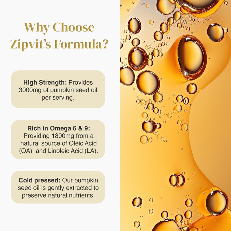 Why Choose Zipvit’s Formula infographic highlighting 3000mg pumpkin seed oil, cold pressed, and omega 6 9 notes.