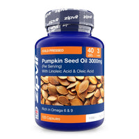 Blue bottle of Pumpkin Seed Oil 3000mg with orange label and 120 capsules