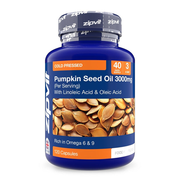 Blue bottle of Pumpkin Seed Oil 3000mg with orange label and 120 capsules