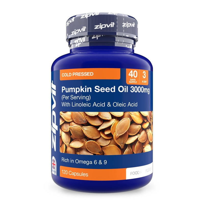 Blue bottle of Pumpkin Seed Oil 3000mg with orange label and 120 capsules