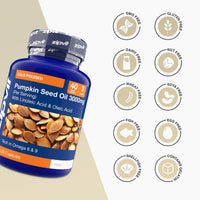 Blue Pumpkin Seed Oil 3000mg bottle angled with free from icons showing GMO gluten dairy nut wheat soy fish egg shellfish and more.