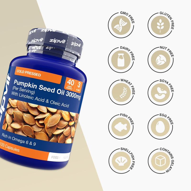 Blue Pumpkin Seed Oil 3000mg bottle angled with free from icons showing GMO gluten dairy nut wheat soy fish egg shellfish and more.