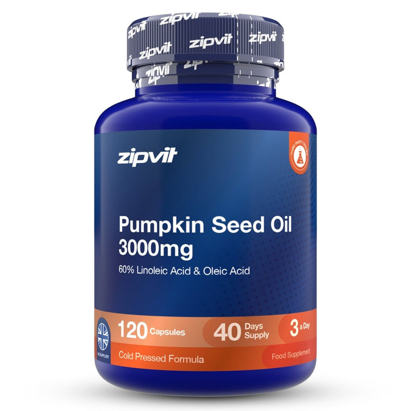 A blue plastic bottle of zipvit Pumpkin Seed Oil 3000mg capsules, featuring a dark blue label with white text and orange accents, on a white background.