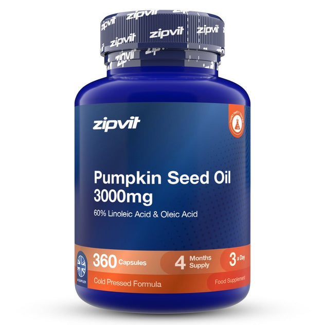 A blue plastic bottle of zipvit Pumpkin Seed Oil 3000mg capsules, featuring a dark blue label with white text and orange accents, set against a plain white background.