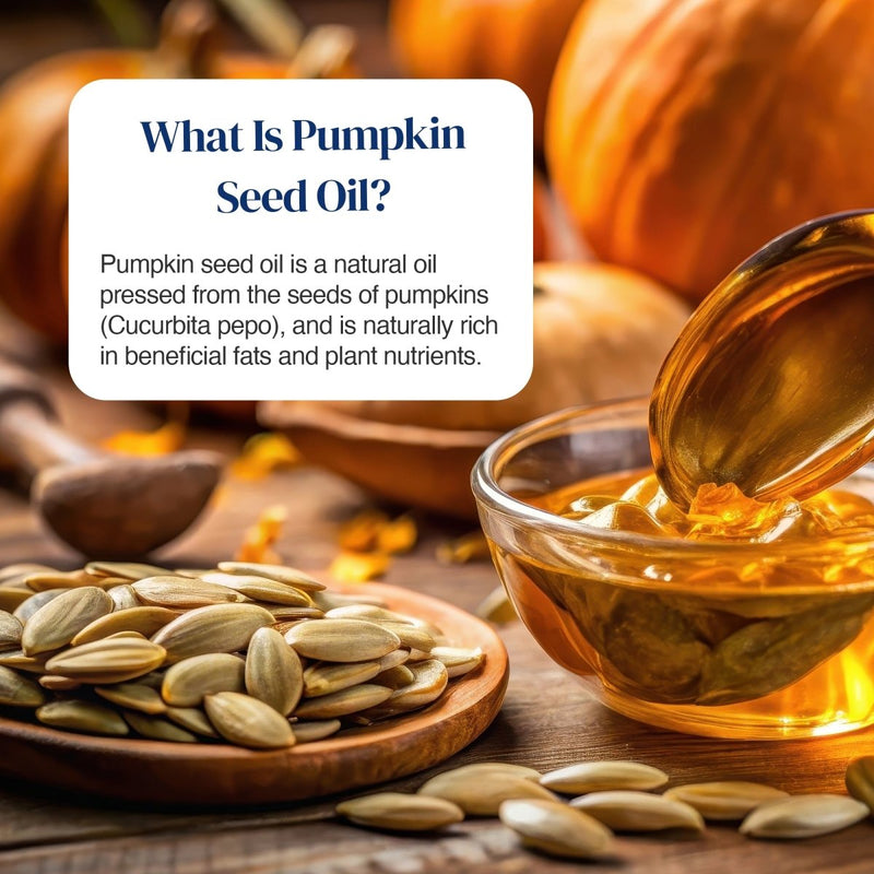 A text overlay reading 'What Is Pumpkin Seed Oil?' over a styled autumn scene showing pumpkin seeds on a wooden plate, a bowl of golden oil with a spoon, and pumpkins in the background.