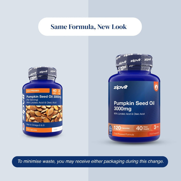 Two blue supplement bottles of zipvit Pumpkin Seed Oil 3000mg shown on a light gray background with promotional text reading 'Same Formula, New Look' and a note about minimizing waste.
