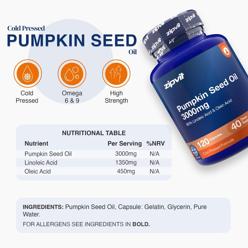 A bottle of zipvit Cold Pressed Pumpkin Seed Oil 3000mg is shown on a light gray background with product information, including a nutritional table and ingredients list.