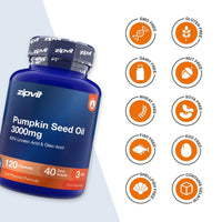 A bottle of zipvit Pumpkin Seed Oil 3000mg capsules shown on a white background with multiple orange circular icons indicating dietary certifications such as GMO Free, Gluten Free, Dairy Free, Nut Free, Wheat Free, Soya Free, Fish Free, Egg Free, Shell Fish Free, and Contains No Allergen.