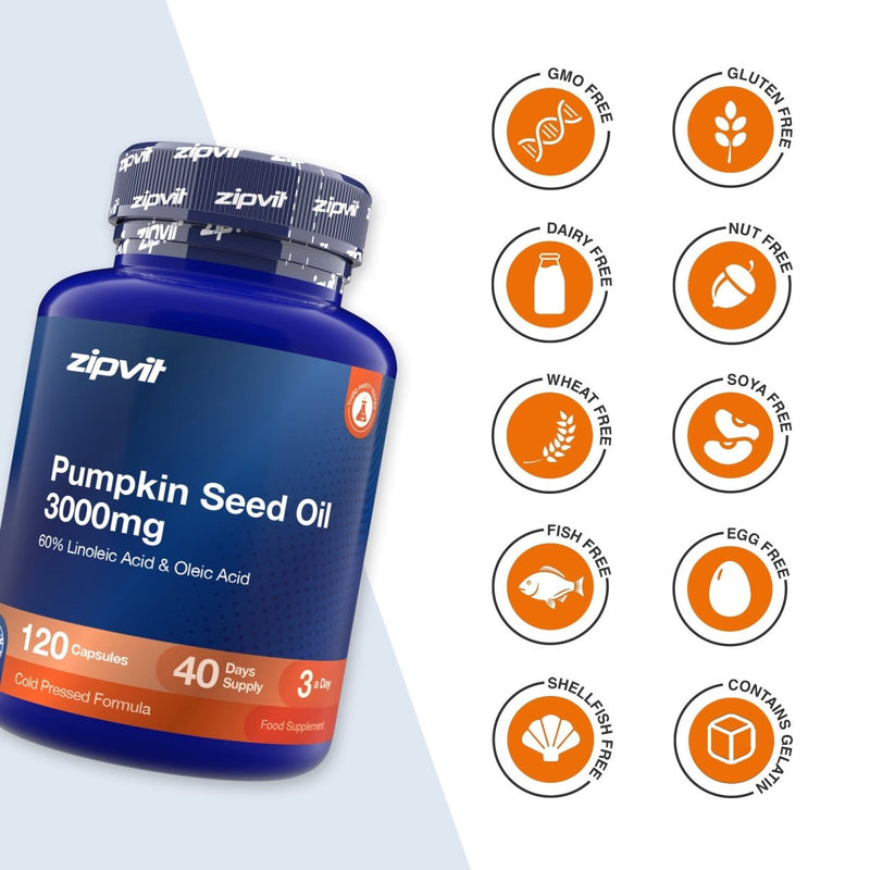 A bottle of zipvit Pumpkin Seed Oil 3000mg capsules shown on a white background with multiple orange circular icons indicating dietary certifications such as GMO Free, Gluten Free, Dairy Free, Nut Free, Wheat Free, Soya Free, Fish Free, Egg Free, Shell Fish Free, and Contains No Allergen.