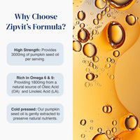 Promotional graphic for Zipvit's pumpkin seed oil, featuring text on the left explaining benefits like high strength and omega 6 & 9 content, and a golden oil surface with bubbles on the right.