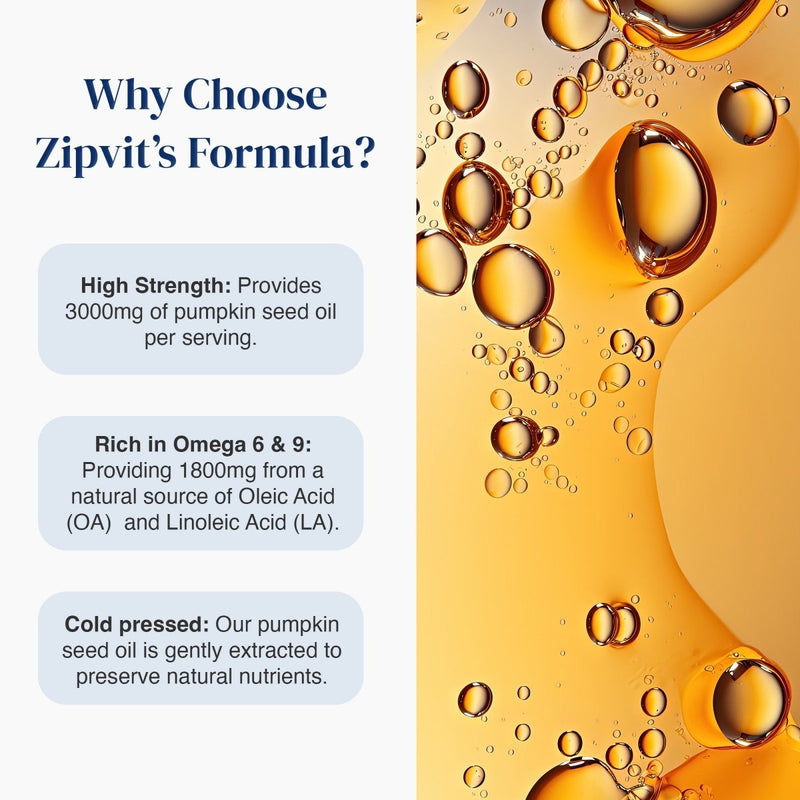 Promotional graphic for Zipvit's pumpkin seed oil, featuring text on the left explaining benefits like high strength and omega 6 & 9 content, and a golden oil surface with bubbles on the right.