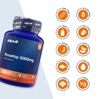 A blue bottle of zipvil Rosehip 5000mg food supplement shown at an angle, with ten orange circular icons on the right highlighting product attributes like GMO Free, Gluten Free, Dairy Free, Nut Free, Wheat Free, Soya Free, Fish Free, Egg Free, Shell Free, and Vegan.