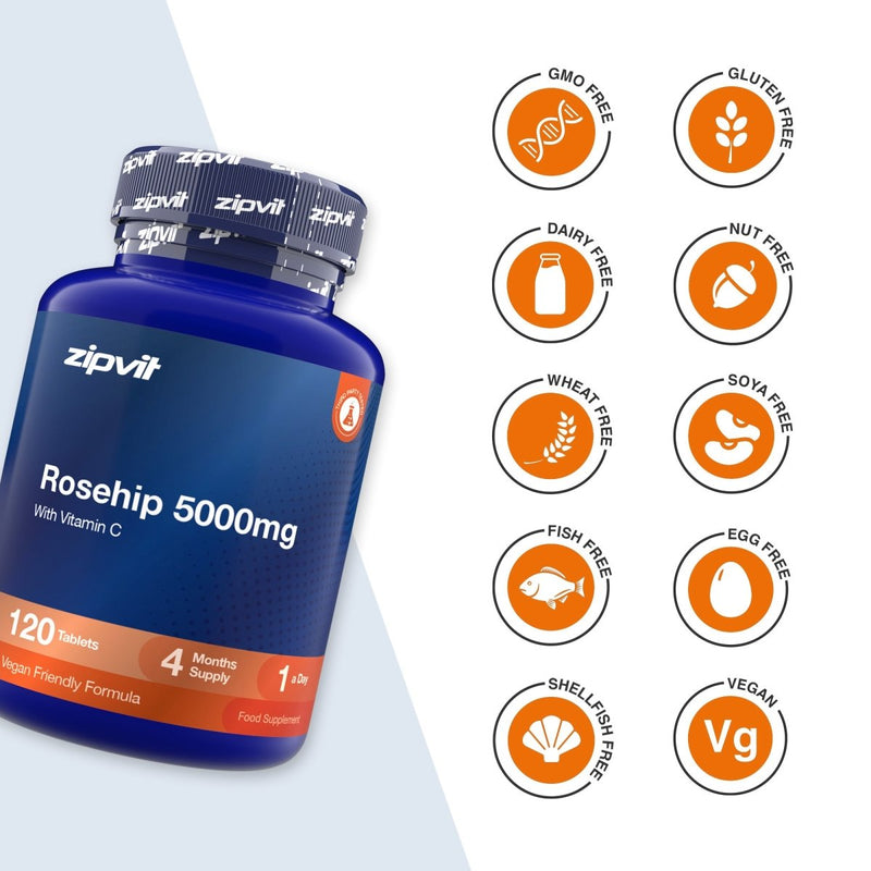 A blue bottle of zipvil Rosehip 5000mg food supplement shown at an angle, with ten orange circular icons on the right highlighting product attributes like GMO Free, Gluten Free, Dairy Free, Nut Free, Wheat Free, Soya Free, Fish Free, Egg Free, Shell Free, and Vegan.
