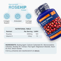 Angled Rosehip 5000mg bottle with vitamin C label beside a grid of free from icons.