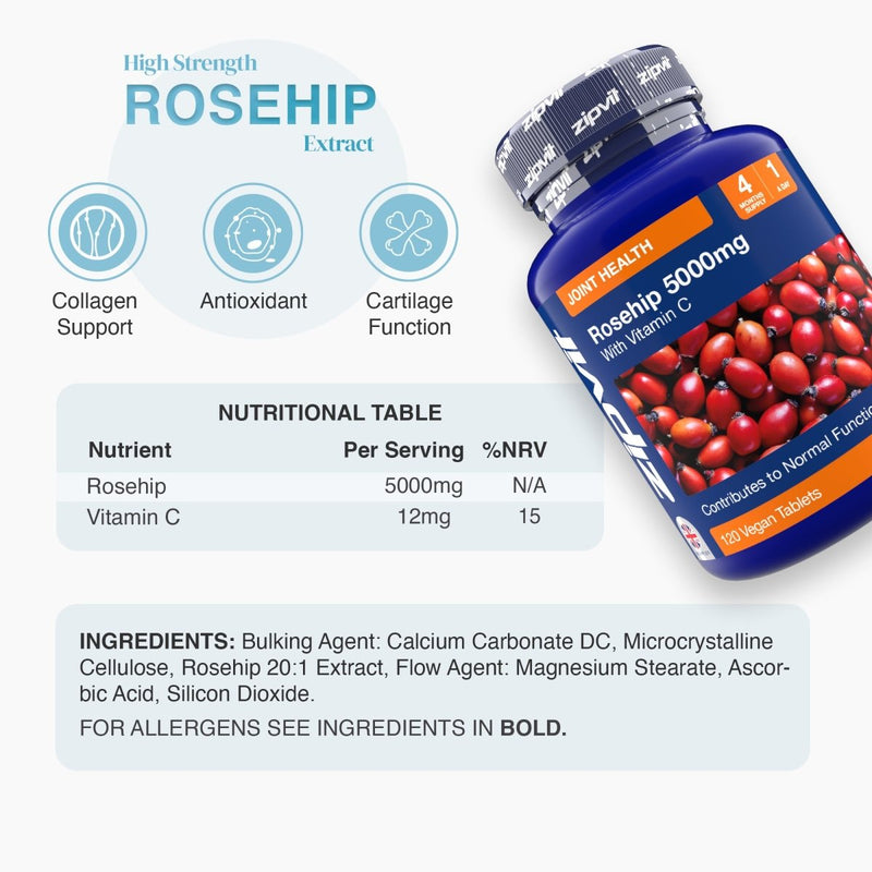 Angled Rosehip 5000mg bottle with vitamin C label beside a grid of free from icons.