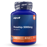 A blue plastic bottle of zipvit Rosehip dietary supplement, containing 360 tablets, with a dark blue and orange label and a patterned cap.