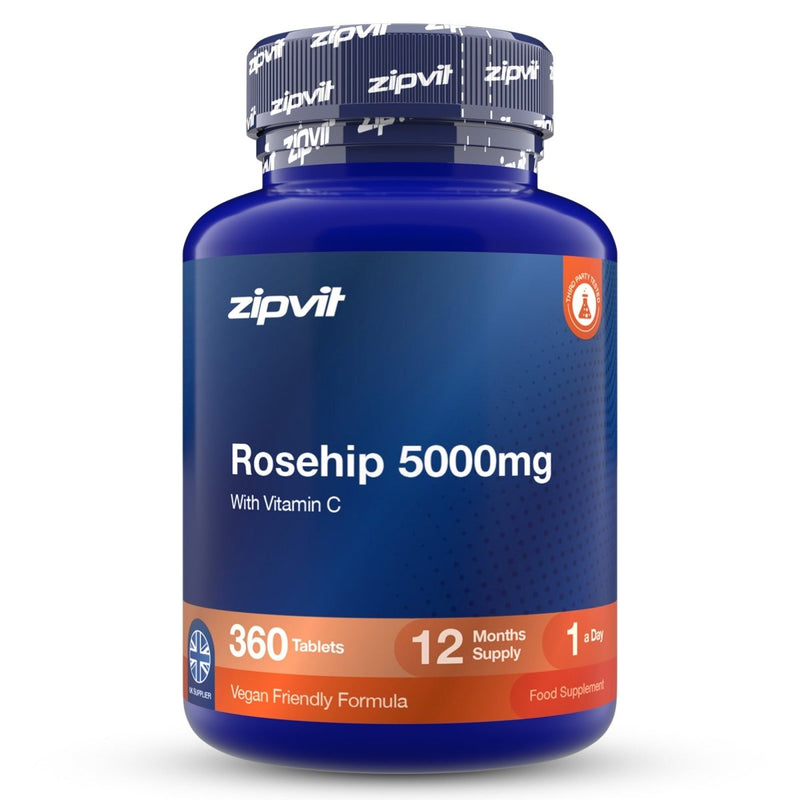 A blue plastic bottle of zipvit Rosehip 5000mg dietary supplement, containing 360 tablets, with a dark blue and orange label and a patterned cap.