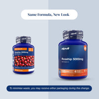 Two blue supplement bottles labeled 'Rosehip 5000mg' with a promotional banner reading 'Same Formula, New Look' and a note about minimizing waste, on a light gray background.