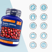 Rosehip 5000mg bottle with vitamin C on the label beside a cluster of rosehips and free from icons.