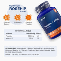 A bottle of zipvit Rosehip 5000mg supplement capsules shown on a light gray background with product information, icons for collagen support, antioxidant, and cartilage function, and a nutritional table.