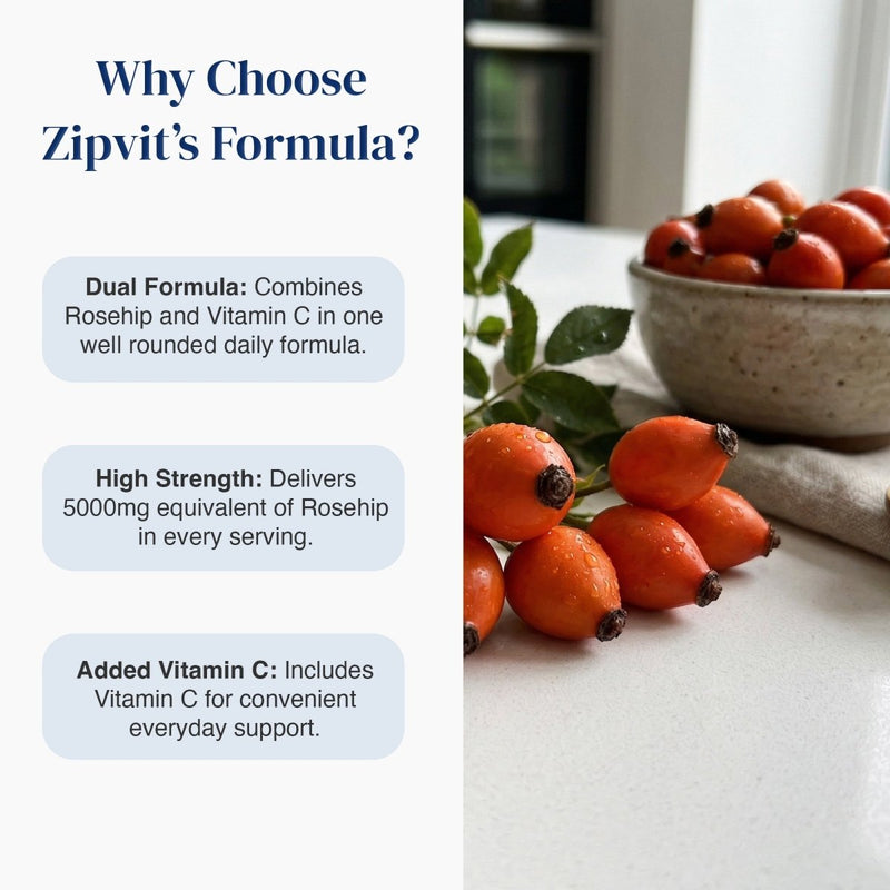 Promotional graphic for Zipvit's Formula featuring text on the left and a lifestyle photo of fresh rosehip berries on the right. The text highlights the dual formula with Vitamin C, high strength, and added Vitamin C benefits.
