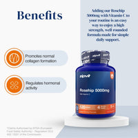 A blue and orange zipvit Rosehip 5000mg supplement bottle displayed on a white pedestal against a split white and pale blue background with promotional text and benefit icons.