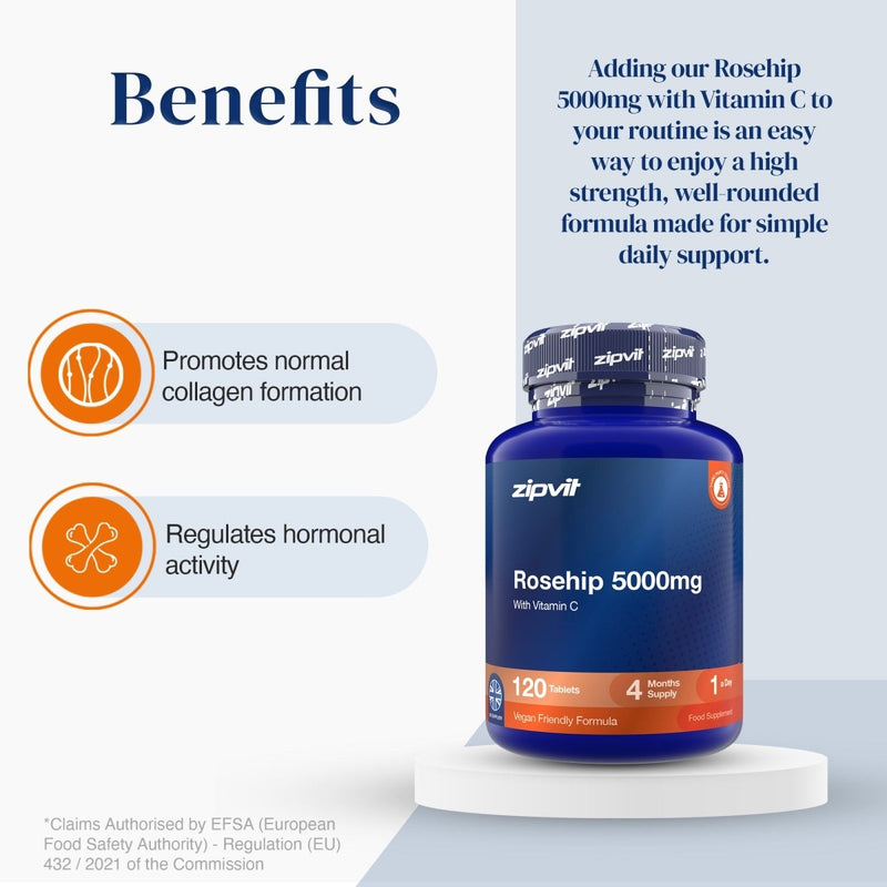 A blue and orange zipvit Rosehip 5000mg supplement bottle displayed on a white pedestal against a split white and pale blue background with promotional text and benefit icons.