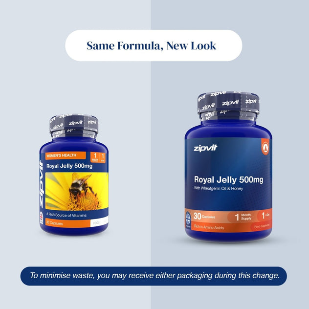 Two blue supplement bottles of zipvit Royal Jelly 500mg shown on a light gray background with text reading 'Same Formula, New Look' and a note about minimizing waste due to packaging change.