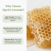 Bees and honeycomb on the right with a pale left infographic panel about Zipvit's formula benefits