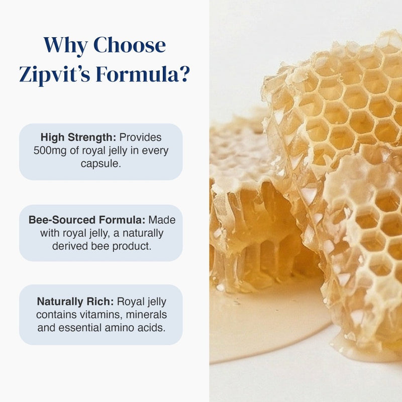 Promotional graphic for Zipvit's Formula highlighting key benefits: high strength with 500mg of royal jelly per capsule, bee-sourced formula, and natural richness with vitamins and minerals. The right side shows a close-up of honeycomb dripping with golden honey.