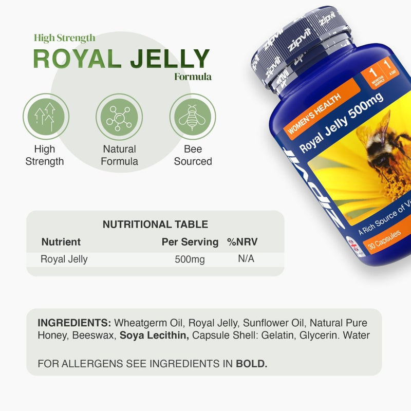 Royal Jelly 500mg bottle with green circular icons and a nutrition table on a pale background