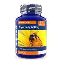Blue Royal Jelly 500mg dietary supplement bottle with a bee image on the label