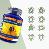 Royal Jelly 500mg bottle tilted left with dietary icons on the right indicating GMO free gluten free dairy free nut free