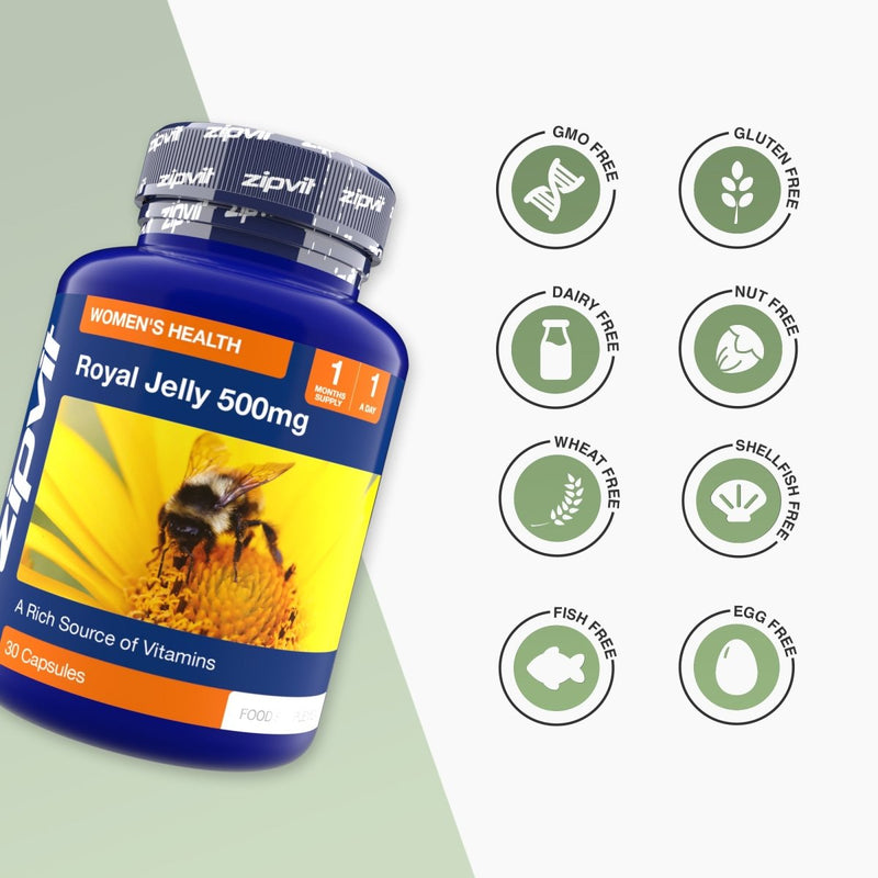 Royal Jelly 500mg bottle tilted left with dietary icons on the right indicating GMO free gluten free dairy free nut free