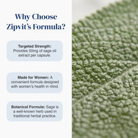 Promotional graphic for Zipvit's Formula capsules, featuring text on the left explaining targeted strength, women-focused formulation, and botanical formula, alongside a close-up texture shot of a green herbal scrub or hair treatment on the right.