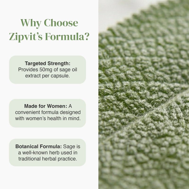 Split layout with Why Choose Zipvit's Formula text on the left and a close-up sage leaf image on the right