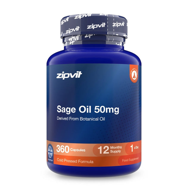 A bottle of zipvit Sage Oil 50mg capsules, 360 count, on a solid white background. The bottle is dark blue with a matching blue cap, featuring a dark blue label with white text and orange accents.
