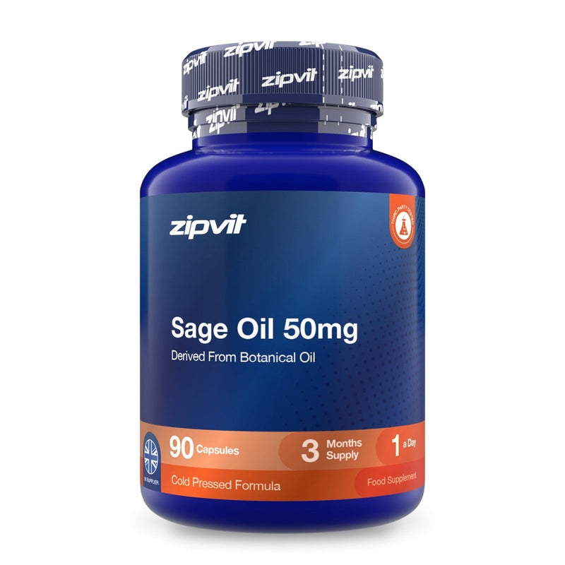 A blue plastic bottle of zipvit Sage Oil 50mg capsules, containing 90 capsules for a 3-month supply, on a clean white background.