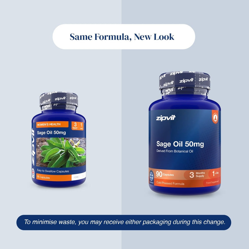Two bottles of zipvit Sage Oil 50mg dietary supplement capsules shown on a split light blue and gray background with text reading 'Same Formula, New Look' and a note about minimizing waste.