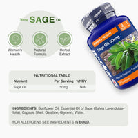 Sage Oil 50mg bottle with a green wellness infographic and a nutritional table graphic