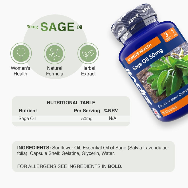 Sage Oil 50mg bottle with a green wellness infographic and a nutritional table graphic