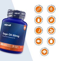 A blue bottle of zipvit Sage Oil 50mg capsules shown on a white background with orange circular icons indicating dietary certifications such as GMO Free, Gluten Free, Dairy Free, Nut Free, Wheat Free, Soya Free, Fish Free, Egg Free, and Shellfish Free.
