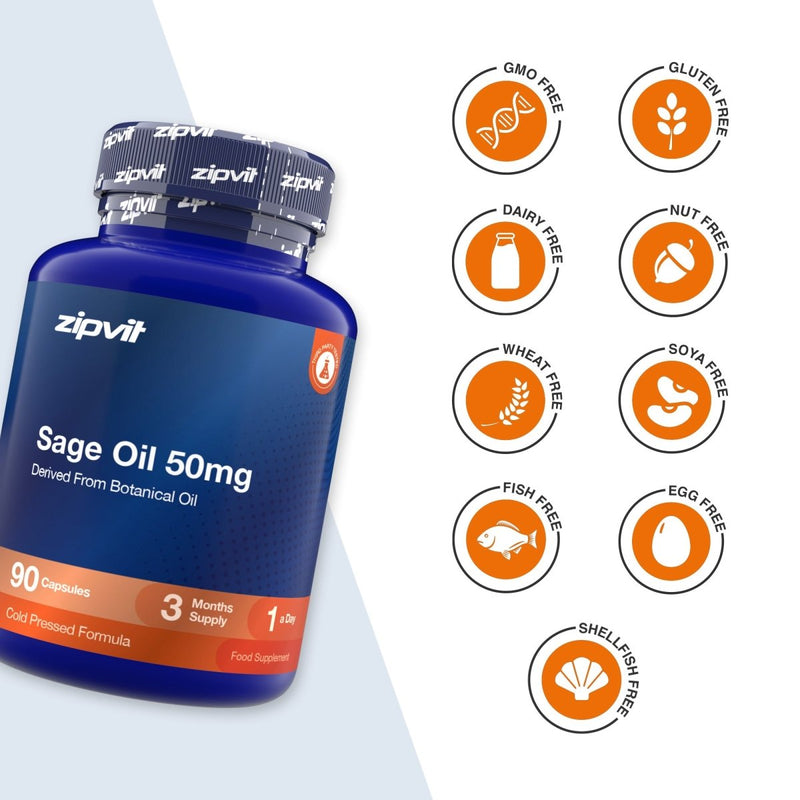 A blue bottle of zipvit Sage Oil 50mg capsules shown on a white background with orange circular icons indicating dietary certifications such as GMO Free, Gluten Free, Dairy Free, Nut Free, Wheat Free, Soya Free, Fish Free, Egg Free, and Shellfish Free.