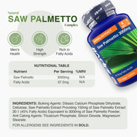 Blue Saw Palmetto 3000mg bottle with palm leaf artwork and three green circular icons for Men’s Health High Strength and Rich in Fatty Acids.
