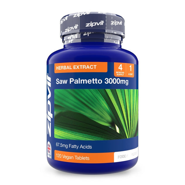 Saw Palmetto 3000mg herbal extract bottle with leaf artwork and 4 months supply label
