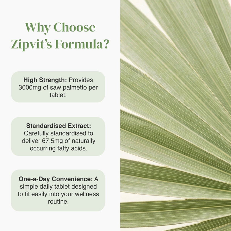 Why Choose Zipvit's Formula left text panels describe high strength extract standardisation and one a day convenience beside a palm leaf background
