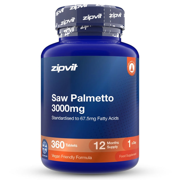 A blue plastic bottle of zipvit Saw Palmetto 3000mg, 360 tablets, 12 months supply, on a white background.